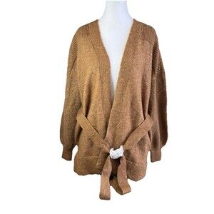 Nine West Cardigan Size M Petite Brown Tan Mesh Long Sleeve Belted Knit Sweater